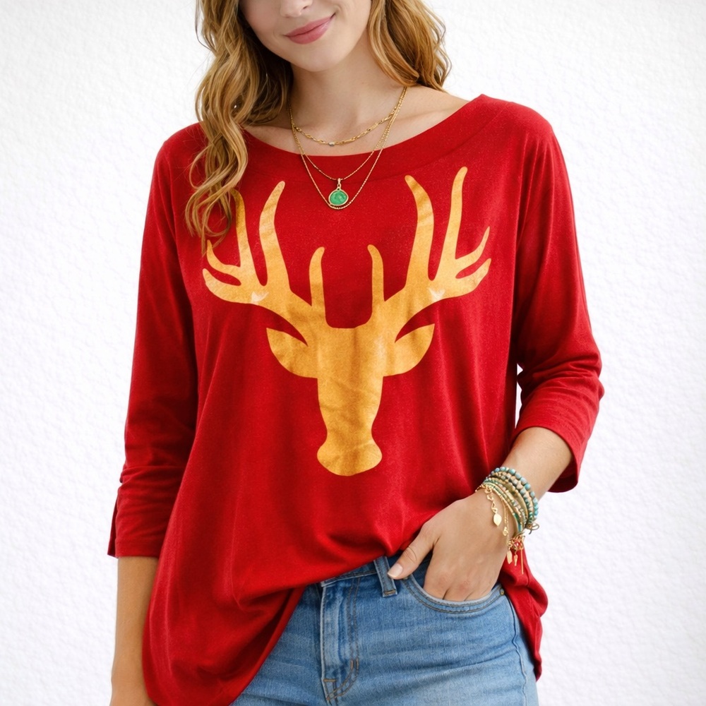Red Long Sleeve Asymmetrical Top with Gold Reindeer Print Size XL NWOT